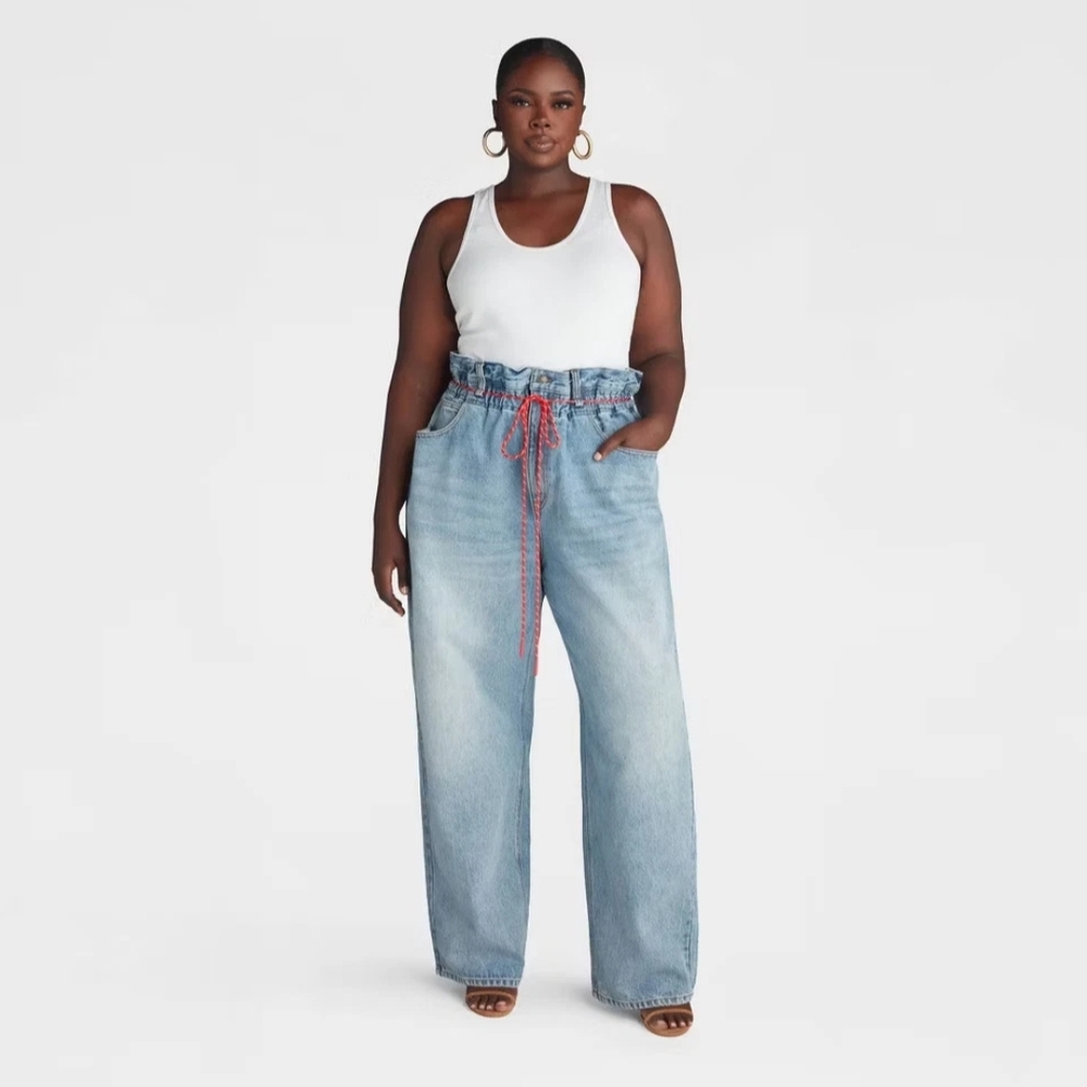 KBB By KAHLANA NWT High Rise Light Wash Barrel Leg Jeans Red Drawstring Size 24